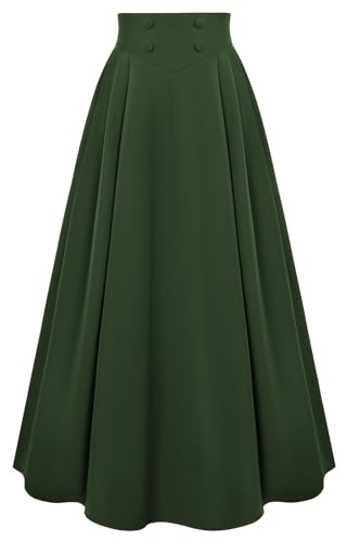 Scarlett darkess kvinnor viktoriansk maxikjol vintage elastisk hög midja veckad kjol, Mörkgrön, M