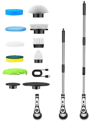 Nikou Brosse Électrique 9 en 1 – Rechargeable sans Fil Manche Extensible | Kit Nettoyage avec 9 Têtes Interchangeables – 2 Vitesses, 2500mAh, IPX7 Étanche,Avec des instructions vocales