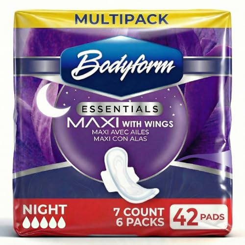 [42 Count] Essentials Maxi Pads with Wings | 7 Count (Pack of 6), Sanitary Pads for Women, Super-Soft & Leak-Proof Period Pads, Advanced Absorbent Core with Wings | Night