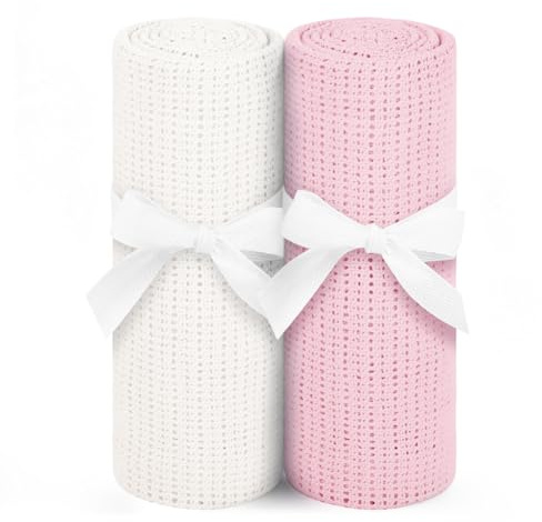 HAGOT 2-delar Barnfilt, Bomullsfilt för Nyfödd Bebis, Filtar för Bebis Nyfödd som Present, För Pojke eller Flicka för Barnvagnar, Barnsängar (Rosa + Vit)