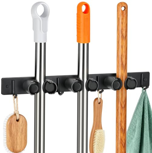 Alyvisun Besenhalterung 3 Schlitzen mit 4 Haken, Praktische Wandhalterung Besen, Besenhalter aus Edelstahl für Küche Badezimmer Garten Balkon - Schwarz