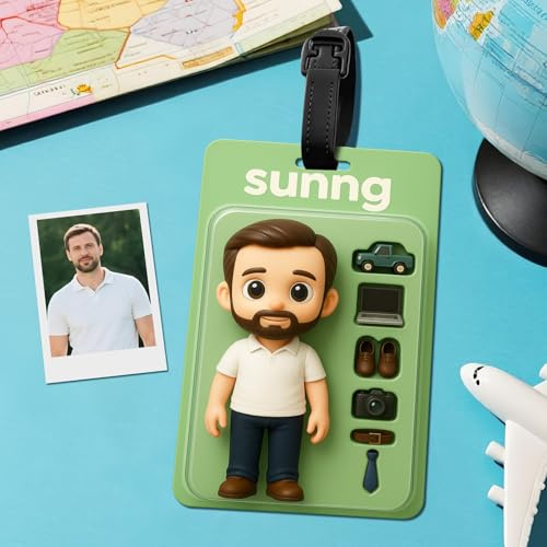 Etichette per Valigie Aereo Personalizzata – Targhetta valigia aereo e Tag Valigia Personalizzabile con Foto Testo e Personaggio Cartoon 2D Etichette Bagaglio Aereo per Donna Uomo Idea Regalo