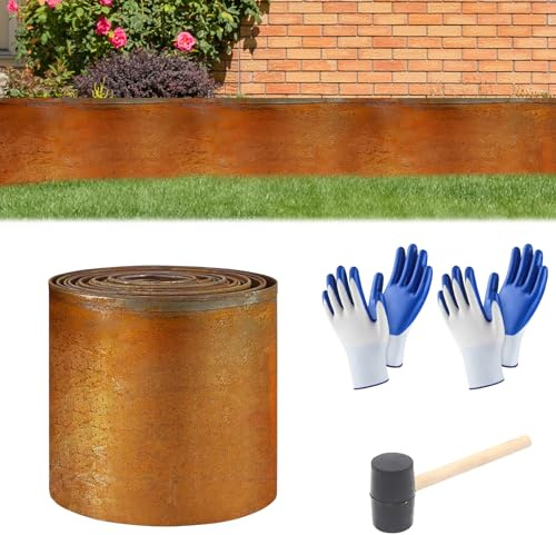 Borde de césped de acero corten, Aartner de acero corten, 15 cm de alto, borde de metal con 2 pares de guantes, martillo pequeño, borde de bancales con óxido (recto, 5 m x 15 cm)