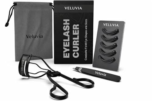 VELUVIA Wimpernzange mit 5 Silikon Nachfüllpads & Pinzette - Kein Einklemmen Lash Curling Werkzeug, Langanhaltende Natürliche Locke, Ergonomisches Metalldesign mit Samtbeutel
