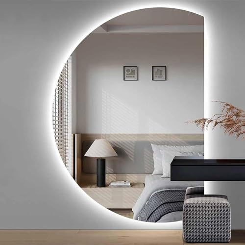 Aenmezen Specchio Cosmetico a Mezzaluna, 3 Colori Dimmerabile, Specchio da Bagno Retroilluminato con Interruttore Touch, Antiappannamento Antideflagrante(Right cut,130 * 90cm)