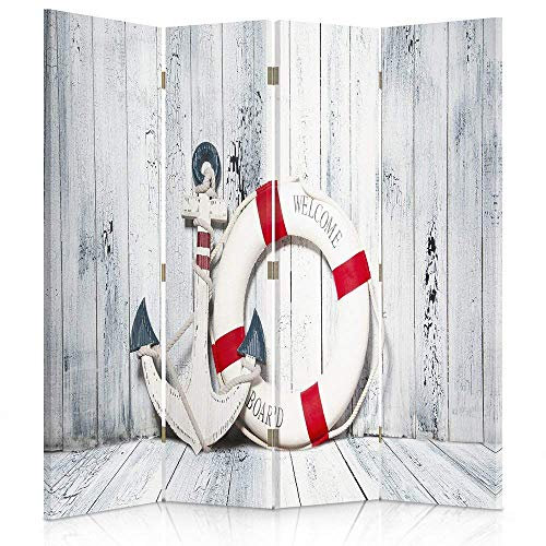 Feeby Frames. Raumteiler, Gedruckten auf Canvas, Leinwand Wandschirme, dekorative Trennwand, Paravent einseitig, 4 teilig (145x180 cm), Marine, Hampton, Anker, RETTUNGSRING, WEIß, BLAU, ROT