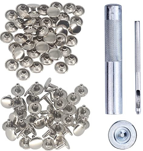 Trimming Shop 100 Set Double Cap Rivets with Fixing Tool Set, Silver Tubular Metal Studs Leather Rivets with 3 Pieces Hand Tool for Handbag, Repair Clothing, Lathercrafts, 10mm