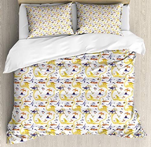Ambesonne Dino Duvet Cover Set, Mammals T-Rex Cartoon Pattern, Decorative 3 Piece Bedding Set with 2 Pillow Shams, Queen Size, Pale Earth Yellow Pastel Purple Dark Indigo Burnt Sienna
