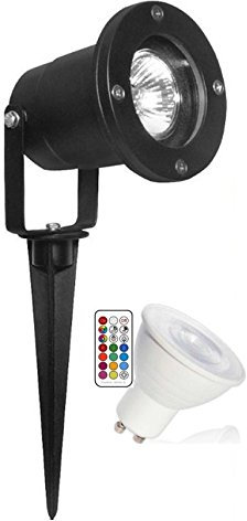 Lichtidee Led RGB+kaltweiß Gartenstrahler mit Timer Funktion und Fernbedienung Spot Erdspieß schwarz GU10 230Volt mit farbwechsel RGB+kw mit Infrarot Fernbedienung Pflanzen und Weg