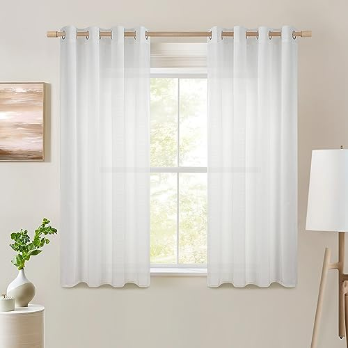 Topfinel Voile Vorhänge mit Ösen Halbtransparent Gardine Leinenstruktur Garn Muster Fensterschal für Zimmer, Büro, 2er Set 145x140 (HxB) Weiß