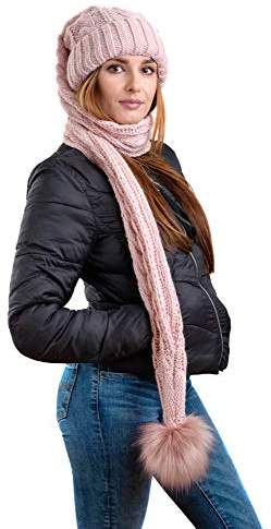 Birendy XXL Beanie AA Mütze, Zipfelmütze inklusive Schal, Pudelmütze, Wintermütze mit großer Fellbommel aus Fellimitat. Extra Lang mit weichem Fleece abgefüttert