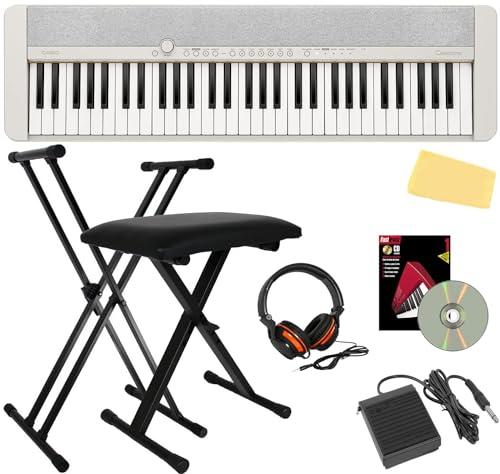 Casio Casiotone CT-S1 - Set di tastiera digitale portatile a 61 tasti con supporto regolabile, panca, pedale, libretto di istruzioni, DVD didattico Austin Bazaar e panno per lucidatura, colore: Bianco