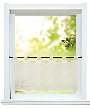 ESLIR Küche Gardine Landhaus Scheibengardine mit Schlaufen Bistrogardine Leinen Kurzgardine Transparent Wellen Muster Beige HxB 45x90cm 1 Stück
