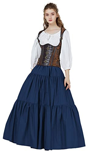 BEAUTELICATE Gonna Lunga in Cotone Medievale Sottoveste Gonna Plissettata Vita Elastica Vittoriana Costume Boemia Gonne Gypsy (Blu Navy, M)