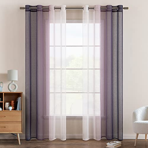 EMEMA Vorhang Zweifarbiger Vorhänge mit Ösen 2er Set Lila Voile Gardinen | Vorhang mit Ösen Transparente Polyester Ösenschal Wohnzimmer Luftig Dekoschal für Schlafzimmer B140 X H245cm