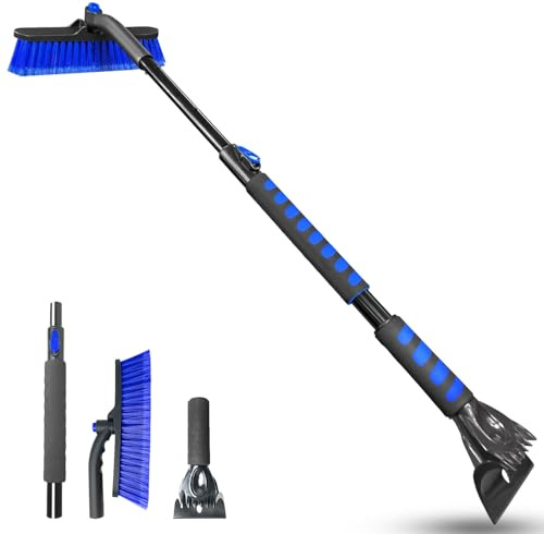 auccutro 44'' Ice Scraper and Snow Brush for Car Windshield, Extendable Snow Removal Tool Car Brush with Comfortable Foam Grip and Sturdy Aluminum Handle for Car, Truck, SUV