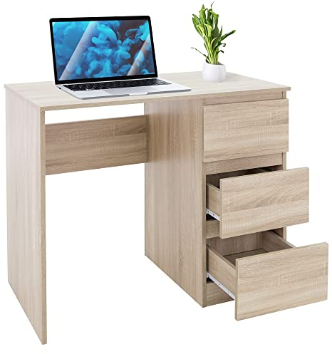 ML-Design Schreibtisch mit 3 Schubladen, 90x76x50 cm, in Sonoma-Eiche, viel Stauraum, modern, Arbeitstisch Bürotisch Computertisch Büromöbel Kinderschreibtisch Laptoptisch PC Tisch, für Heim/Büro