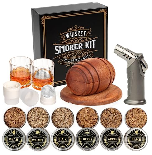 ComboJoy Whiskey Smoker Kit with Torch - 6 Flavors Wood Chips, 2 Glasses, 2 Ice Ball Molds - Cocktail Smoker Infuser Kit, Old Fashioned Drink Smoker Kit, Birthday Bourbon Gifts for Men,Dad(NO Butane)