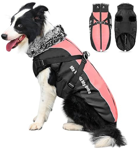 ALLSOPETS Cappotto per Cane Impermeabile e Caldo con Pettorina Integrata e Strisce Riflettenti, Giacca Invernale per Cani di Taglia Media e Grande (Rosso Corallo, 5XL)