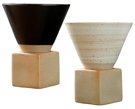 JYCRA 2 tazas de café de cerámica vintage con base, juego de tazas de café de cerámica ensamblables apilables, tazas de café espresso de porcelana para té bebidas frías