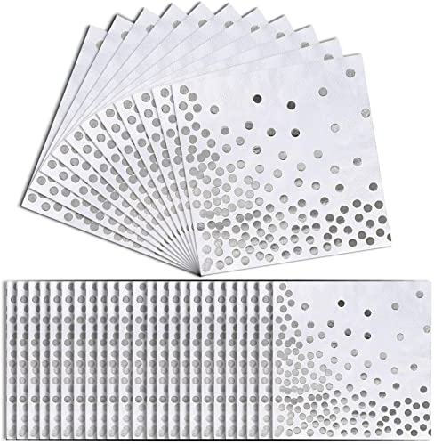 Servetter, 60 ark vit servett för med silverprickar, ldeal partydekorationer, för bröllop och helgdagsfester, evenemang som födelsedagsfester