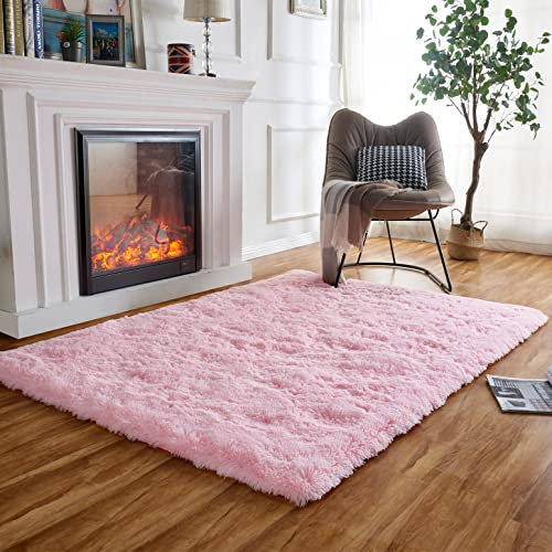 Obundi Rosa Schlafzimmerteppich 90x160cm rutschfest Teppich für Lounge | Flauschig, Hochflor 4-5 cm, Hochwertiger Schaumstoff, für Wohnzimmer, Kinderzimmer, Babyzimmer