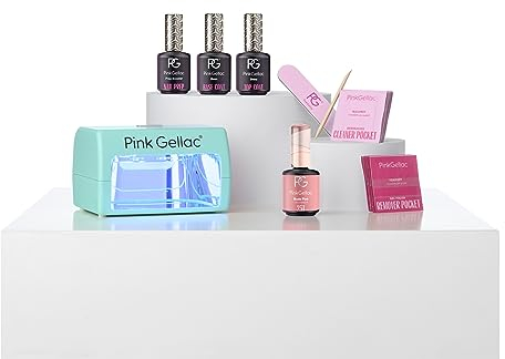 Pink Gellac Gel Nägel Set - UV Gelnägel Starterset mit Mini UV Lampe Minze, 1x Rosa Farbe 15 ml, Top Coat Gel, Base Coat, Entferner & Cleaner - Nägel Selber Machen in Salonqualität