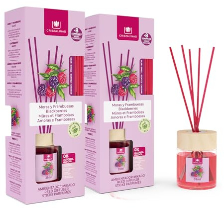 CRISTALINAS | Pack 2 Ambientador Mikado para Hogar | Fragancia Larga Duración 8 Semanas | 2x35ml | 0% Alcohol (2x35ml, Moras y frambuesas)