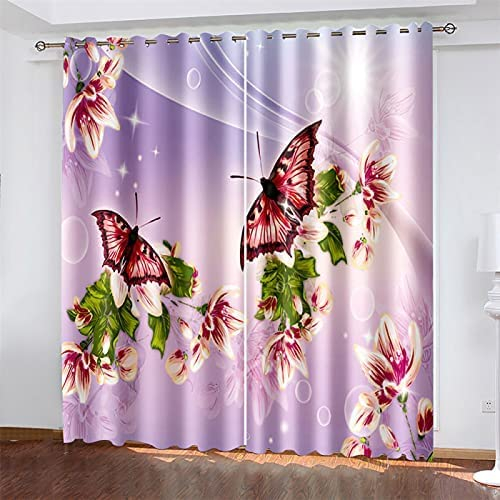 3D Schattierung Vorhänge - Lila Schmetterling Gardinenschal Vorhang Für Wohnzimmer Schlafzimmer Schlaufenschal Isolierung Lärmminderung Mädchen Raumdekoration 183 (B) X 214 (H) cm - Vorhang Für Das E