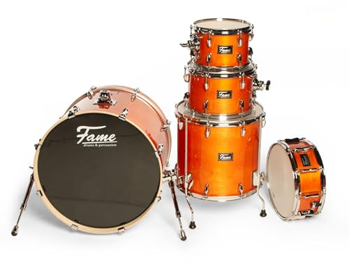 Fame Stage Series Rock Shell Set, Satin Amber, 22 BassDrum, 10 & 12 Tom-Tom, 16 Floor Tom, 14 Snare, 100% Birkenholz, Chrom Kessel-Hardware, Hochglanz Lackierung, Freischwingende Tomaufhängung
