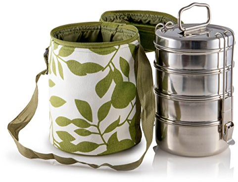 Grand Tiffin familial (y compris cuillères, plateaux et bols) avec sac isotherme motif feuilles vertes