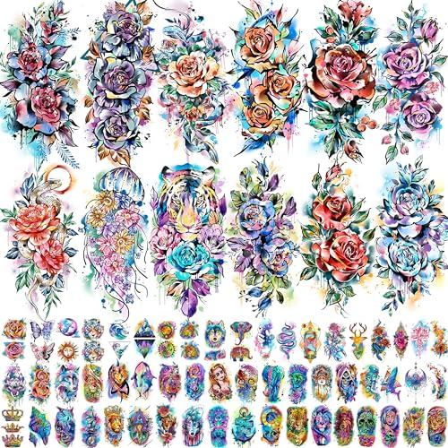 COKTAK 67 Blatt Bunt Rose Blumen Temporäre Tattoos Damen Mädchen, 3D Aquarell blüten Fake Tattoos Erwachsene Frauen Schlange Tiger, Halb Permanente Tattoos Zum Aufkleben Auf Die Haut Festival Zubehör