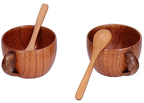 BEIJIALY Tazze in Legno Set di 2, Tazza da Tè Vintage, Boccale da Birra in Legno, Tazze da Tè Antiche per Caffè Al Latte Fatte a Mano con Cucchiaio per Regalo di Compleanno Bar di Casa