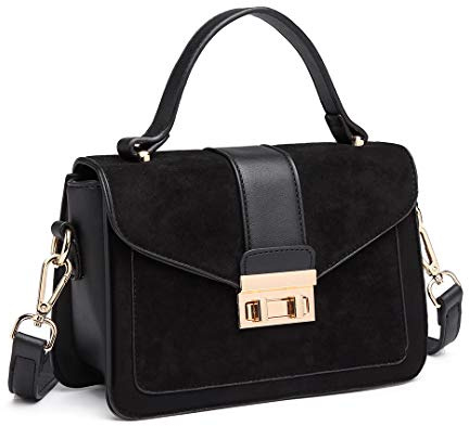 Miss Lulu Damen Tasche Henkeltasche Mittelgroß Umhängetasche Tasche mit Kunstleder und Wildleder Vintage Flap Handtasche Crossbody Bag mit ovaler Metallverzierung Elegant Exquisit