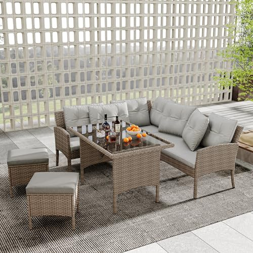 Kayan Polyrattan Lounge Set, Gartenmöbel Set Essgruppe für 7 Personen, Outdoor Sitzgruppe mit Ecksofa, Esstisch und 2 Hocker, Rattan Garten Sofa mit Kissen für Garten, Terrasse, Balkon (Khaki)