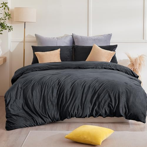 Beqnat Winter Flanell Bettwäsche 200x200 3teilig Warme Flauschige Teddy Plüsch Bettwäsche Sets Cashmere Touch Winterbettwäsche Fleece 1 Bettbezug + Kissenbezug 2er 80x80 mit Reißverschluss, Anthrazit