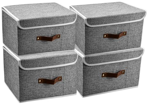 KYYGKY 4 Stück Faltbare Aufbewahrungskörbe 37,5 x 24,5 x 24,5 cm Faltbare Stoffbox mit Griff Aufbewahrungsbox mit Deckel Groß Schrank Organizer Aufbewahrungskorb für Kleidung Bücher Grau