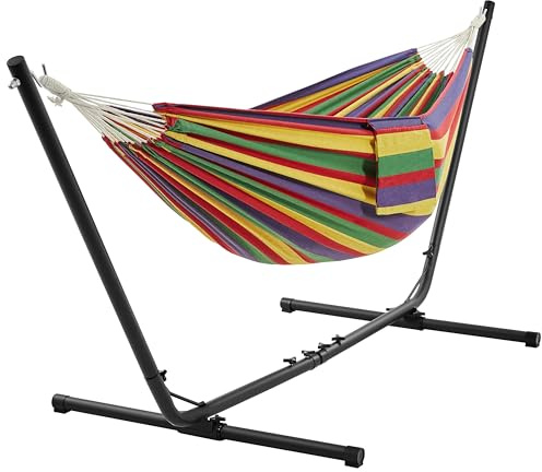 Abician Hamac Double avec Support Hamac sur Pied Longueur Réglable avec Sac de Transport Charge Max. 205 kg pour Jardin Terrasse Plage Salon Rayures Bleu-Vert