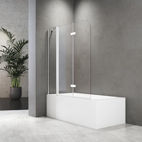 Duschwand für Badewanne 2-teilig Faltbar 160 x 140 cm mit Stabilisator und Festteil mit 6mm ESG Glas Faltwand Silber Aluminiumrahmen,Leicht zu Reinigen