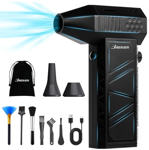 BENJEN Compressed Air Duster-150000RPM Electric Air Duster for Cleaning Keyboard & PC Infinitely Adjustable Speed Cordless Turbo Fan Turbo Dryer Blower for Car, Air Bed, Outdoors, Home.