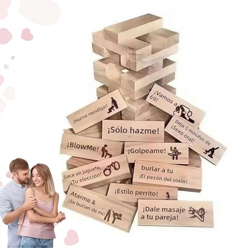 Juego de torre de bloques traviesos de 48 piezas, español, bloques apilables de torre para parejas, juego de bloques apilables de torre de San Valentín, juegos de parejas de madera para adultos
