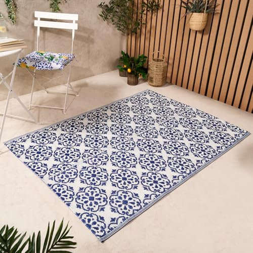 OHS Outdoor Rug For Patio Tile Print, Foldable Garden Mat Reversible Decking Outdoor Carpet Non-Slip Waterproof Rug For Balcony Porch Poolside, Blue-120x170cm
