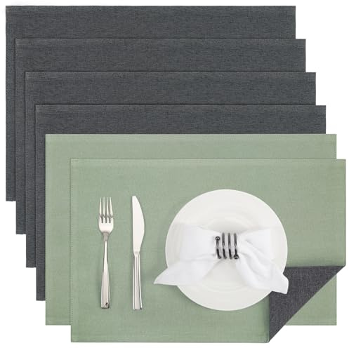Banchif Tischsets abwaschbar doppelseitig Platzset Platzdecken abwaschbar | Platzsets abwaschbar Leinenimitat 6er Set doppelseitige Tischsets maschinenwaschbar rechteckig Platzdecken (Grau-Salbeigrün)