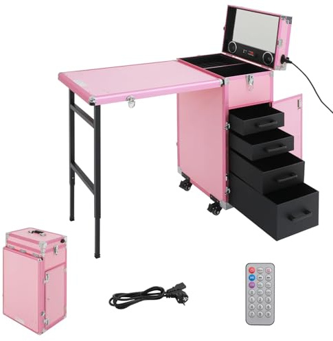Nagelbord sminkbord, vikbart mobilrullande manikyrbord med fjärrkontroll och sminktåg, resväska, kosmetisk väska med 4 lådor för hemtekniker, spa, skönhetssalong, arbetsplats (rosa)