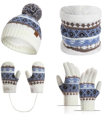 Yoolhamy Kindermütze, Schal, Handschuhe, Set für Mädchen und Jungen, Wintermütze, Schlauchschal, Halswärmer, weiches dickes Fleecefutter, elastische Bommelmütze für Kinder, Weihnachten und