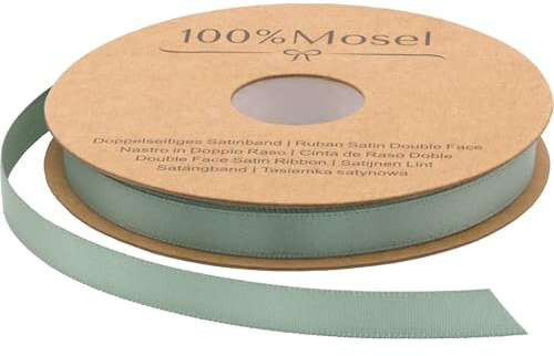 100 % Mosel satinband, eukalyptusgrönt (10 mm x 25 m), matt glänsande presentband, elegant band för dekoration och hantverk, för inpackning av specialgåvor, för bröllop, dop etc.