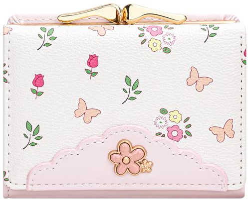 YINHEXI Cute Trifold Wallet for Women Girls, Press-Lock Coin Wallet with ID Window, PU Leather Floral Small Wallet, Fits Purses & Pockets (Floral Pink2)