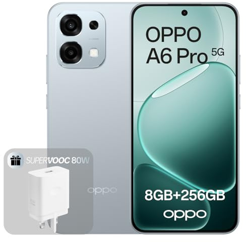 OPPO A6 Pro 5G 8+256GB, Smartphone Android Desbloqueado, Pantalla AMOLED de 6.57 120Hz, Cámara IA 50+16MP, Batería 6500mAh, Resistencia al Agua IP69, Lunar Titanium (Incluye Cargador 80W SUPERVOOC)