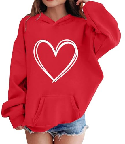 Mjjsk flickor hjärta grafiska huvtröjor ledig långärmad tröja med huva barn snygg bekväm Preppy pullover topp trendig söt huvtröja jumper, Röd, 2-3 Years