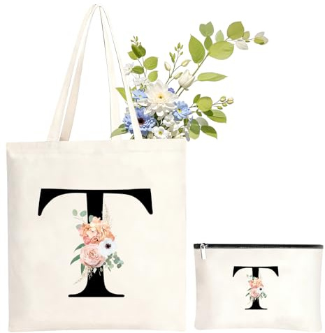NHTJTHE Sac en coton personnalisé avec initiales - Sac de courses en toile avec fermeture éclair et trousse de maquillage assortie - Idée cadeau spéciale pour femme, maman, petite amie pour toutes les